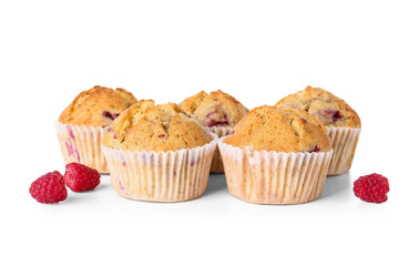 Tasty raspberry muffins on white background