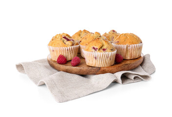 Plate with tasty raspberry muffins on white background