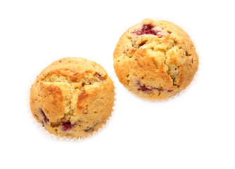 Tasty raspberry muffins on white background