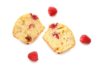 Tasty raspberry muffin on white background