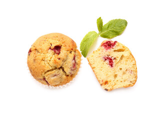 Tasty raspberry muffin on white background
