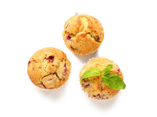 Tasty raspberry muffins on white background