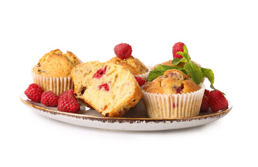 Plate with tasty raspberry muffins on white background