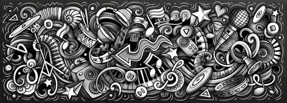 Music hand drawn cartoon doodles illustration. Graphics vector banner