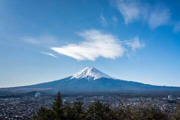 Cirrostratus clouds above Mt Fuji, Japan's highest mountain.