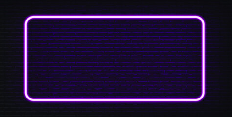 Neon pink light on brick wall vector illustration. Neon border or frame. Lights sign. Vector abstract neon background for signboard or billboard. Geometric glow outline.