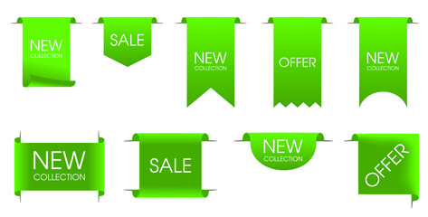 New collection tags. Vector badges and labels. Paper ribbons. Sticker with word sale. Offer. Icons for web page.