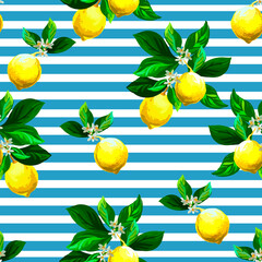 Lemon vector pattern. Seamless botanical illustration. Tropic print. Citrus background.