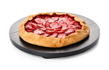 Wooden board with tasty strawberry pie on white background