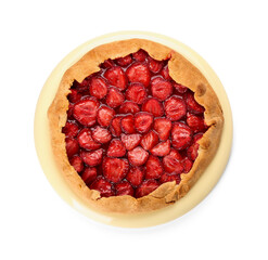 Plate with tasty strawberry pie on white background