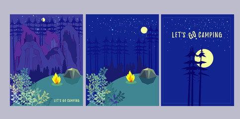 vector background scary camping in a nature park with mountains  - obrazy, fototapety, plakaty