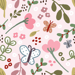 Seamless Pattern with Flower, Leaf and Butterfly Illustration Design on Light Pink Background