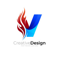 Letter V logo and flame design combination, abstract logo template