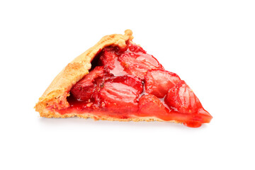 Piece of tasty strawberry pie on white background