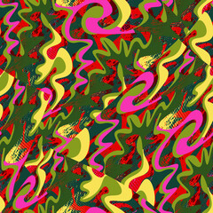 Seamless abstract pattern with grunge spots, wave shapes