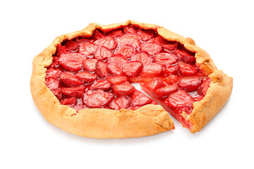 Tasty strawberry pie on white background