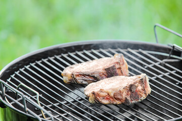 Tasty steaks on barbecue grill outdoors, closeup