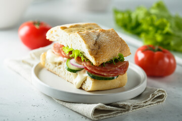 Homemade sandwich with salami and cucumber