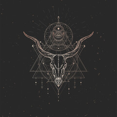 Vector illustration with hand drawn Antelope skull and Sacred geometric symbol on black vintage background. Abstract mystic sign.