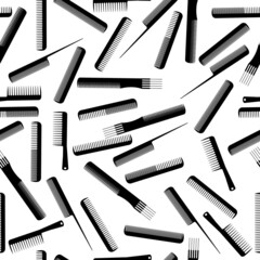 Seamless pattern of silhouettes of combs of various types, hairdressing tools on a white background