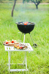 Table with tasty grilled food outdoors