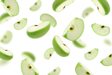 Stack of green Apple falling or flying.Creative levitation food