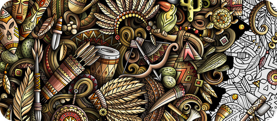 Fototapeta premium Native American hand drawn doodle banner. Cartoon vector detailed flyer.