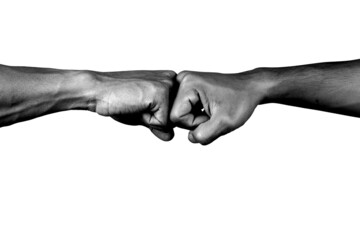 Hand giving fist bump.Teamwork in business for trust with partner.Black and white image on white...