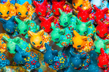 Collection of Colorful traditional Turkish ceramics on sale as souvenirs in the Grand Bazaar in Istanbul, Turkey. Colorful ceramic souvenirs.