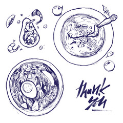 lunch food soup plate sketch healthy food avocado egg shrimp vegetables diet vegetarianism vector sketch thank you calligraphy set restaurant