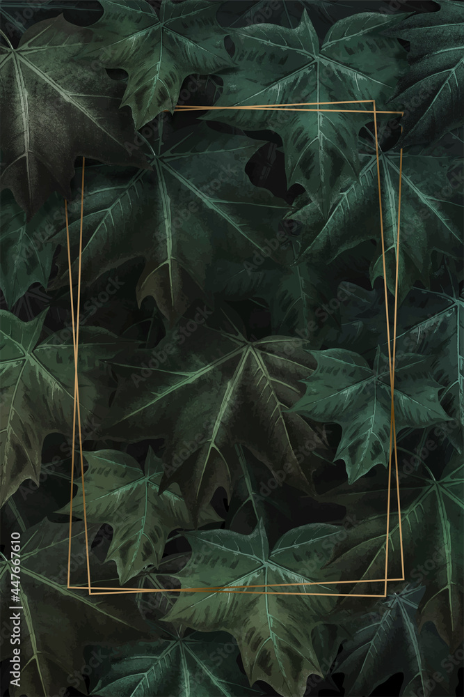 Poster rectangle gold frame on hand drawn green maple leaf patterned background vector