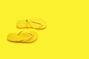 Stylish flip-flops on color background