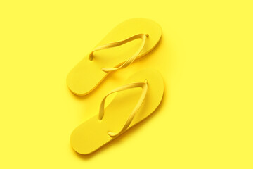 Stylish flip-flops on color background