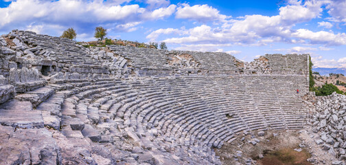 Panoramic view from the ancient Roman Theatre of Selge, Historical place in Altınkaya, Manavgat.
