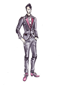 Man in evening suit isolated on the white background. Watercolor illustration