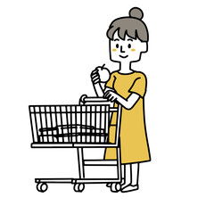 ショッピングカートを押して買い物をする女性