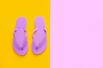 Stylish flip-flops on color background