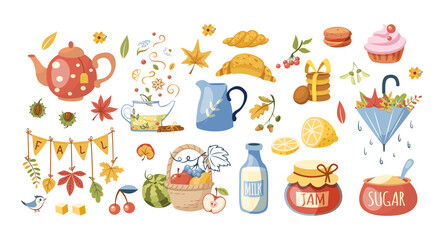 Teatime autumn set. Autumn tea party food and drink. Traditional fall attributes.