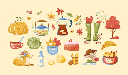 Teatime autumn set. Autumn tea party food and drink. Traditional fall attributes.