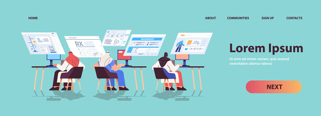 arab scientists team analyzing medical data on virtual boards medicine healthcare concept full length horizontal
