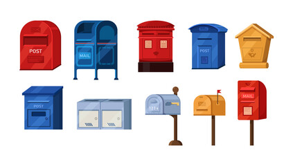 Isometric mailbox set. Postbox for paper letters newspapers correspondence delivery. Retro modern containers for post service shipment paper correspondence. Receive send mail communication