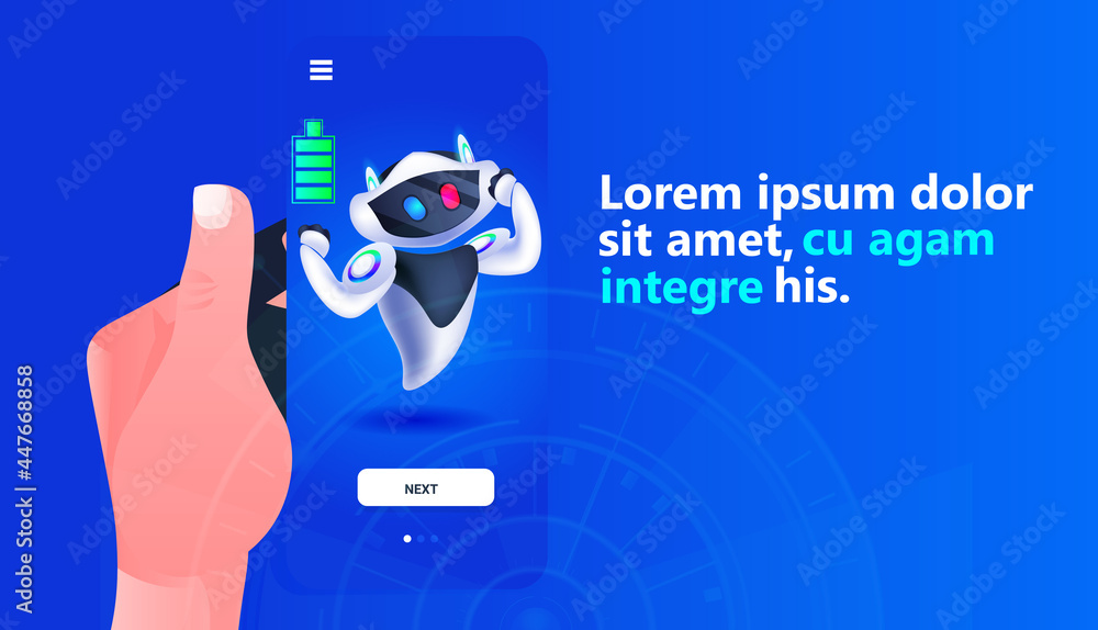 Poster modern robot with charged battery on smartphone screen artificial intelligence technology charging c