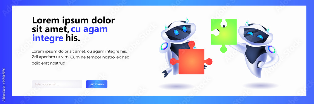 Poster cute robots putting puzzle parts together modern robotic characters team solving problems artificial