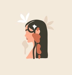 Hand drawn vector abstract stock flat graphic contemporary aesthetic fashion illustration with bohemian,beautiful modern female portrait in simple trendy minimal style isolated on pastel background.