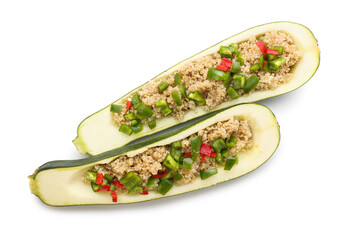 Quinoa stuffed zucchini boats on white background