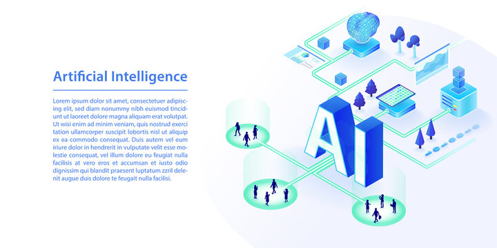 Concept of AI artificial intelligence. 3d isometric vector illustration in wide web banner layout.