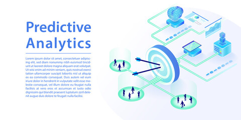 Concept of predictive analytics powered by data analysis and artificial intelligence. 3d isometric vector illustration representing goal setting for IT objectives