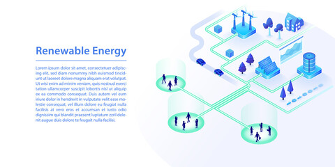 Concept of renewable clean energy powered by wind energy, solar energy. 3d isometric vector illustration in modern web banner style.