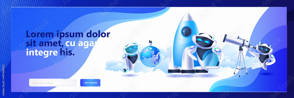 Poster set modern robots with rocket globe and telescope artificial intelligence discovery concept