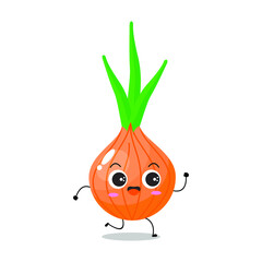 Vector illustration of onion character with cute expression, funny, isolated on white background, herbs, seasoning, vegetable for mascot collection, emoticon, kawaii, happy, run